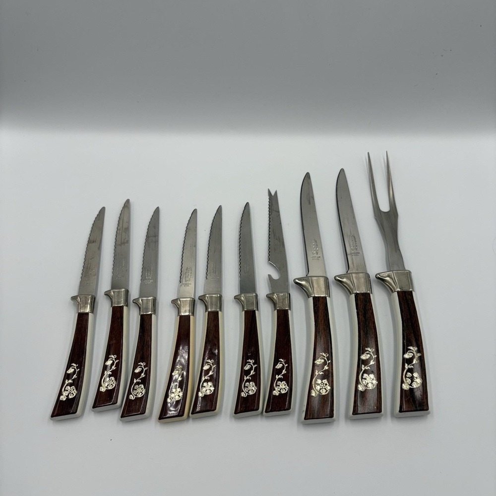 Vtg Knives Sheffield English Blades 10 Pc Golden Prestige Cutlery‎ Floral